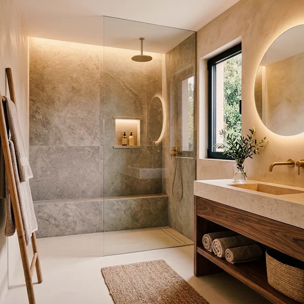 Badbeispiel, erstellt mit Vizera: Walk-in-Dusche vor einer Bruchsteinwand, daneben ein Eichenwaschtisch – auch in Kalkstein mit Nussbaum und im Tageslicht.