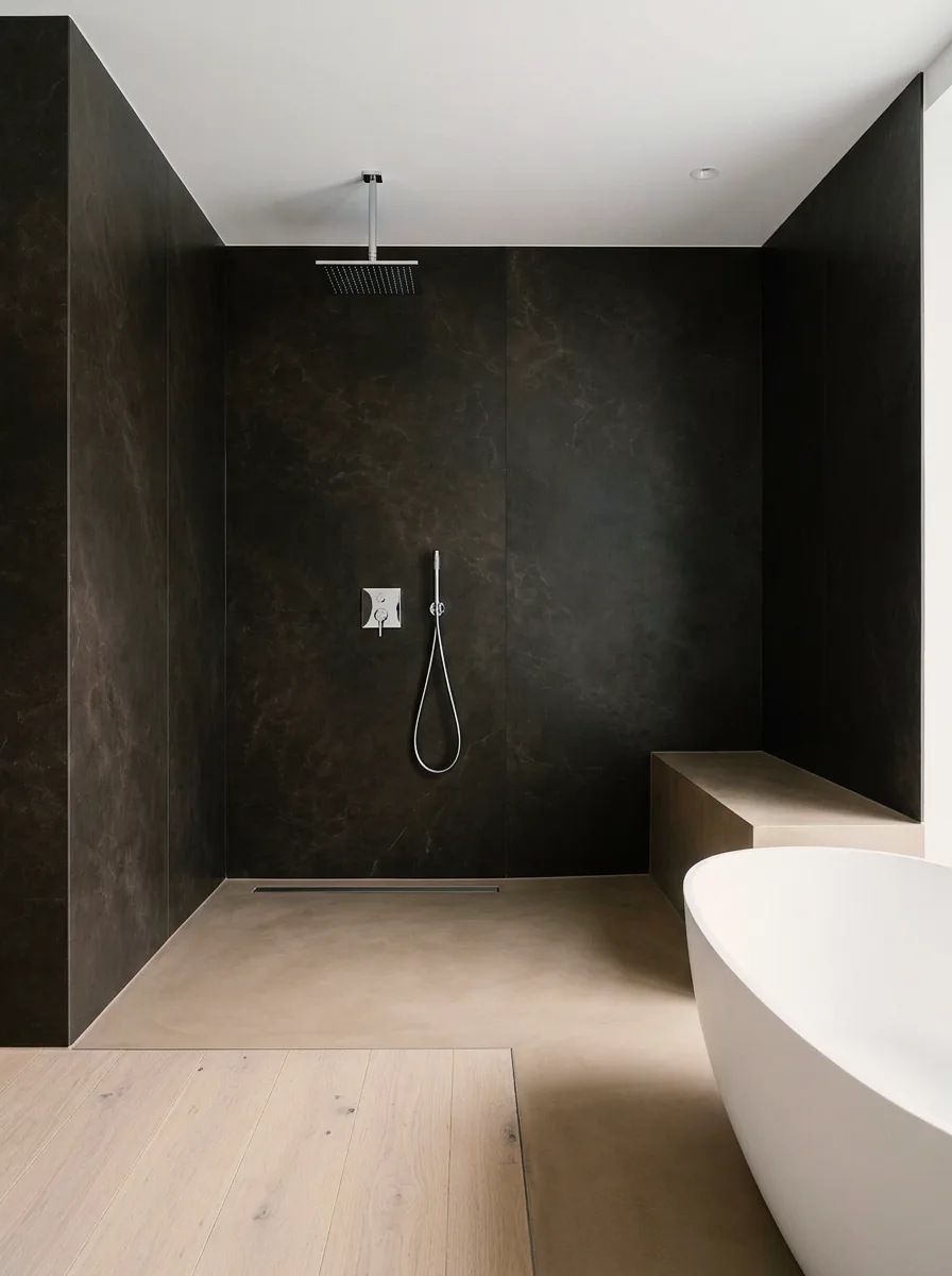 Badbeispiel, erstellt mit Vizera: Grossformatige Dusche in Dunkelbraun mit Sitzbank – auch in heller Sandstein-Optik und im Abendlicht.