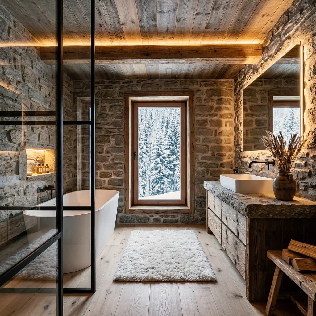Badbeispiel, erstellt mit Vizera: Chaletbad mit Bruchstein und Blick in den Schnee – auch in Kalkstein mit Räuchereiche und am Wintermorgen.