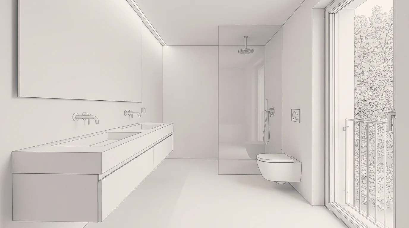 Badbeispiel, erstellt mit Vizera: Helles Kalksteinbad mit Walk-in-Dusche – auch in Marmor mit Räuchereiche und zur blauen Stunde.