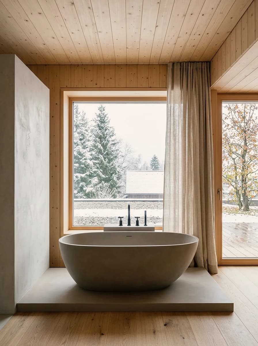 Badbeispiel, erstellt mit Vizera: Freistehende Wanne vor einem Panoramafenster mit Winterlandschaft – auch in Elfenbein mit Honigeiche und in der Dämmerung.