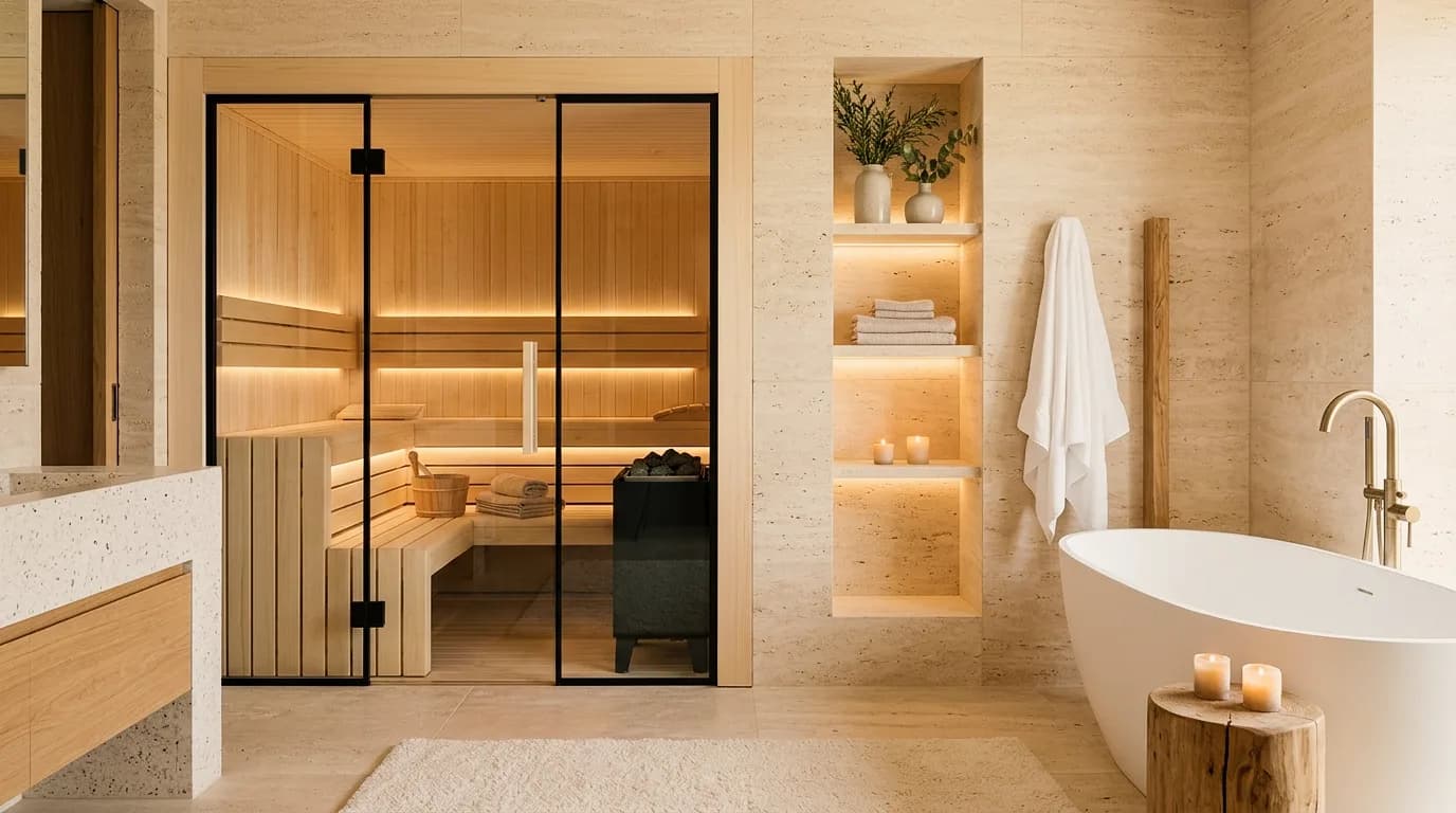 Badbeispiel, erstellt mit Vizera: Helles Spa-Bad mit Sauna und Wanne – auch im kühlen Tageslicht.