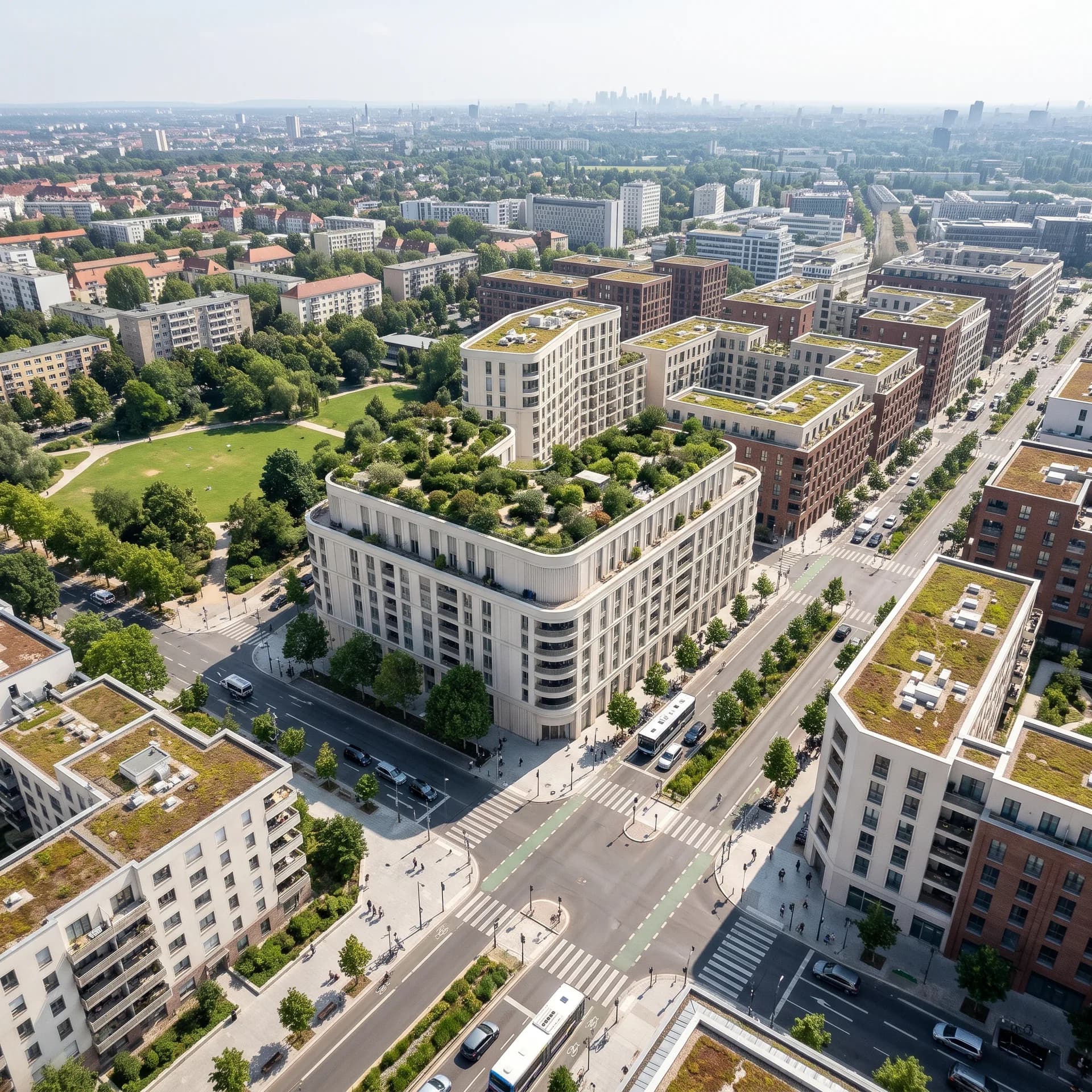 Nov quartier urban cun ina construcziun da chantun radunda d'ina gronda autezza – visualisà, sco volumen CAD e da notg.