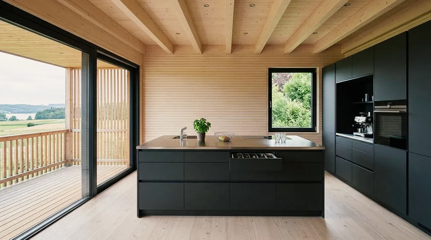 Küchenbeispiel, erstellt mit Vizera: Schwarze Kochinsel unter einer Holzbalkendecke mit Seeblick – als Variante in Apricot und Hellblau, in Nussbaum mit Marmor sowie im Abendlicht.