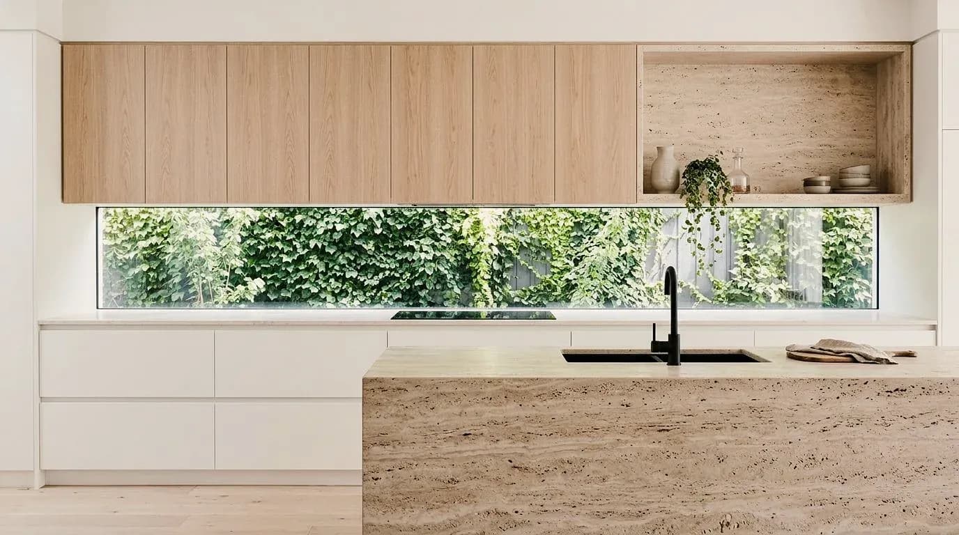 Küchenbeispiel, erstellt mit Vizera: Oberschränke in Eiche über einem Fensterband, Kochinsel in Travertin – als Variante mit Nussbaum und schwarzem Marmor, schlicht in Eiche und Sand sowie im Abendlicht.