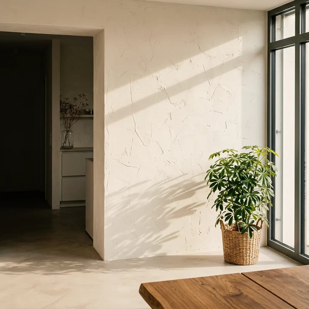 Putzbeispiel, erstellt mit Vizera: Innenwand in grob gespachteltem Kalkputz mit Pflanze am Fenster – auch in hellem Salbei und mit Besenstrich.