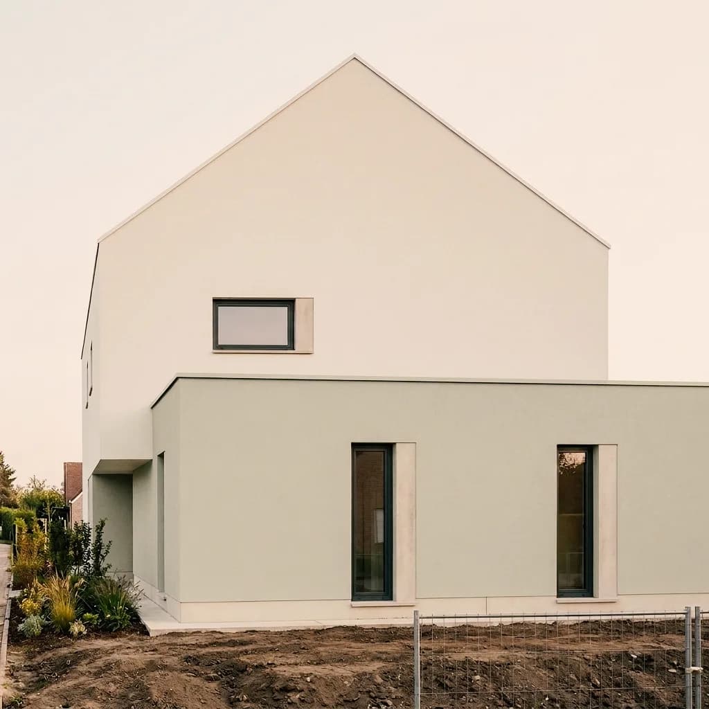 Giebelhaus mit zweifarbigem Glattputz – mit salbeigrünem Vorbau und mit Reibeputz am Giebel.