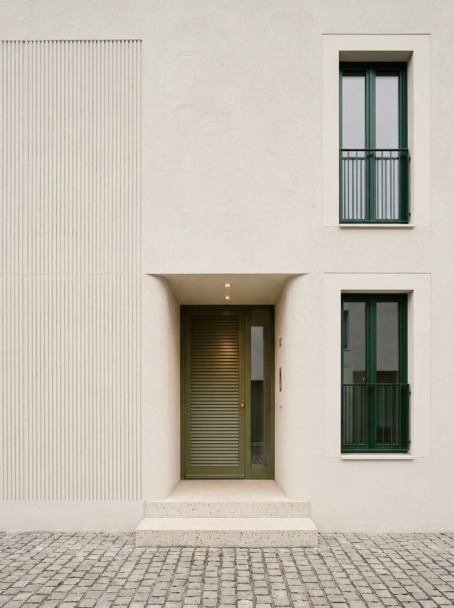 Putzbeispiel, erstellt mit Vizera: Weisse Fassade mit Rillenfeld und Eingang – auch in warmem Sandton und als Kratzputz.