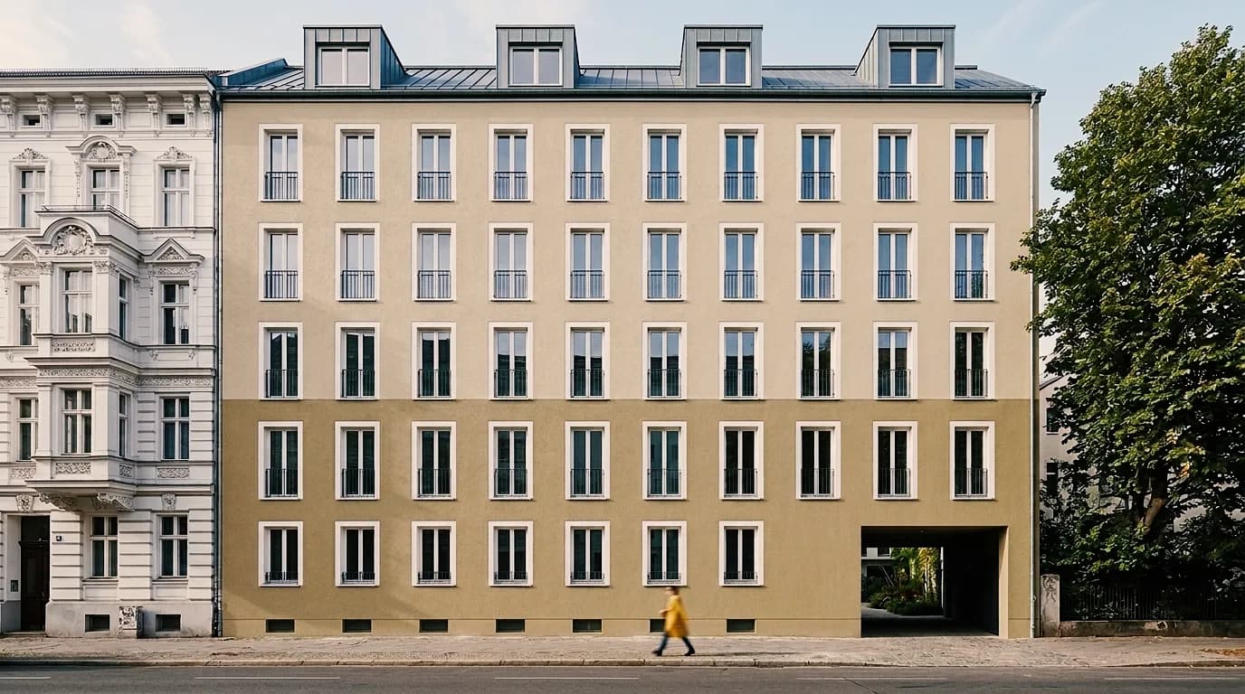Zweifarbige Stadtfassade neben einem Gründerzeitbau – in Salbeigrün und in zwei Sandtönen.