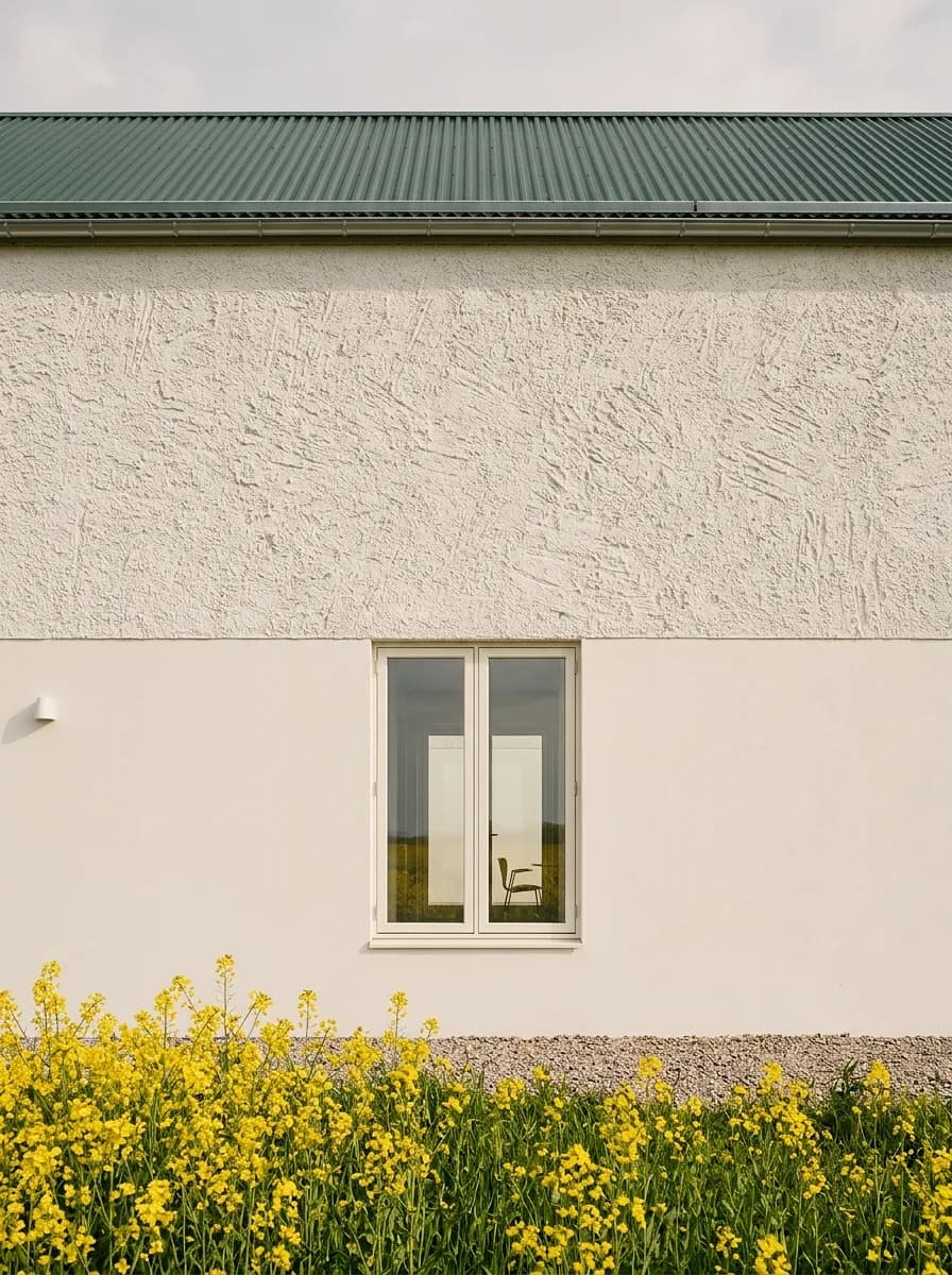 Putzbeispiel, erstellt mit Vizera: Scheunenbau mit grobem Kratzputz über einem Rapsfeld – auch mit Besenstrich.