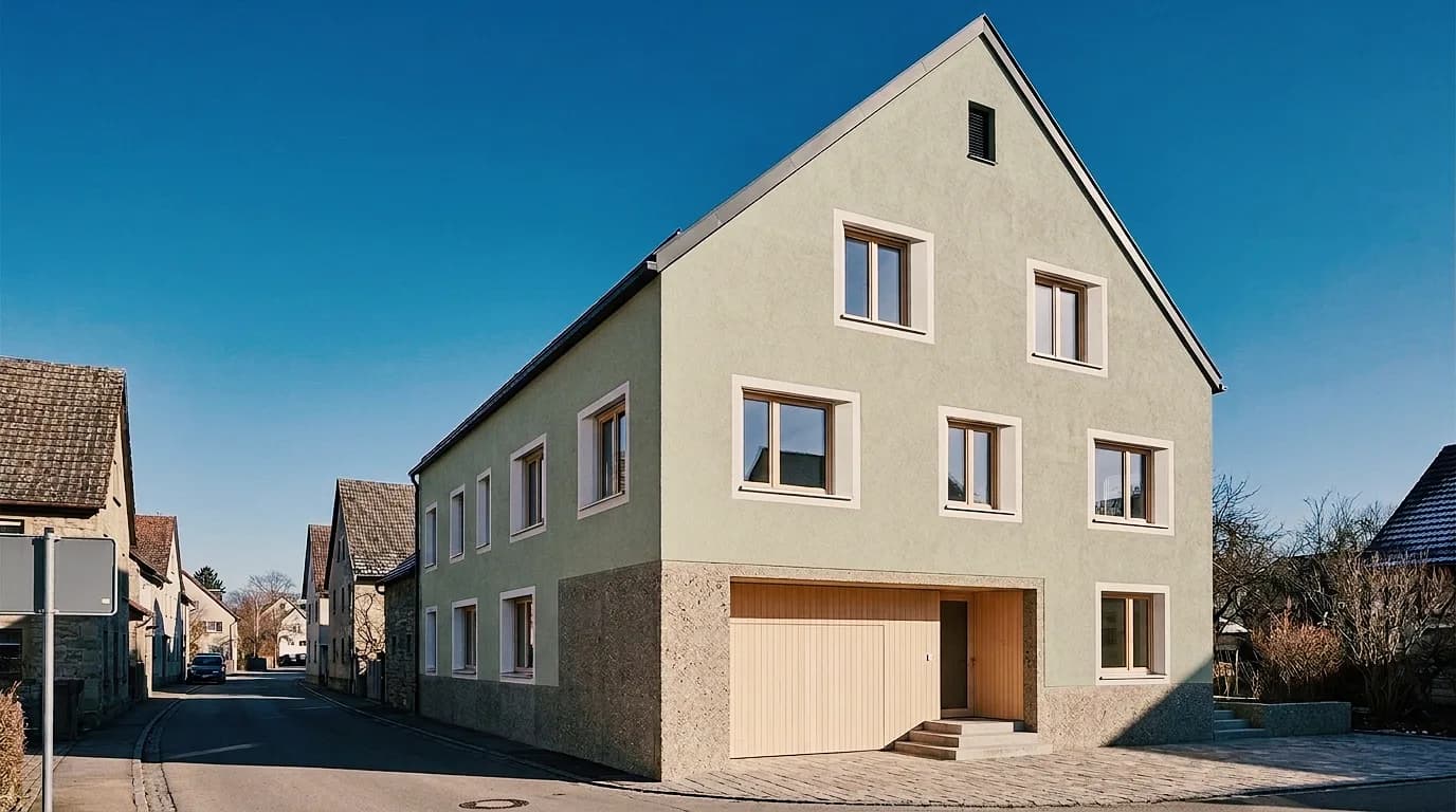 Dorfhaus mit Satteldach an einer Strasse – mit beigegrauem Reibeputz und in hellem Salbei.