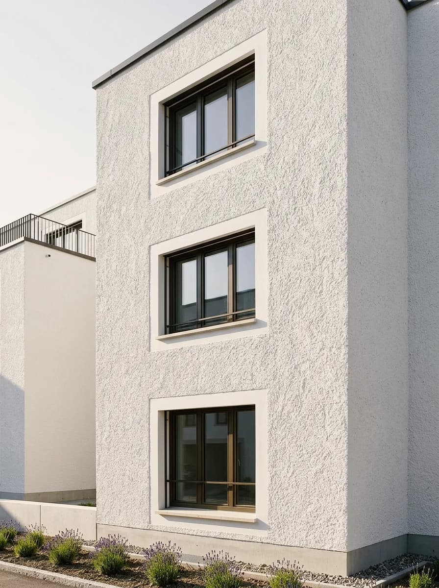 Putzbeispiel, erstellt mit Vizera: Weisse Kratzputzfassade mit Faschen – auch in warmem Greige und als Scheibenputz.