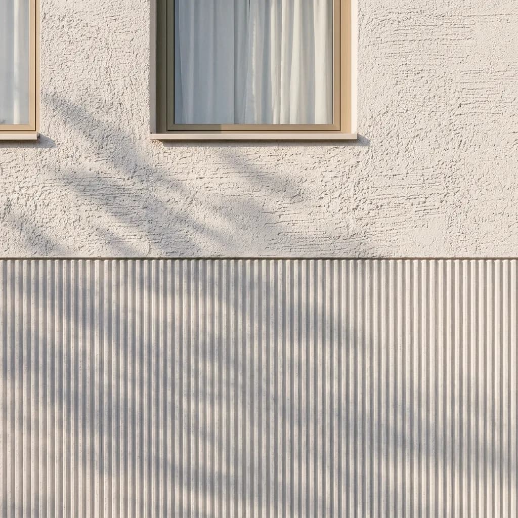 Putzbeispiel, erstellt mit Vizera: Detail: Kratzputz über Rillenputz im Streiflicht – unten auch mit quer gezogenem Besenstrich.