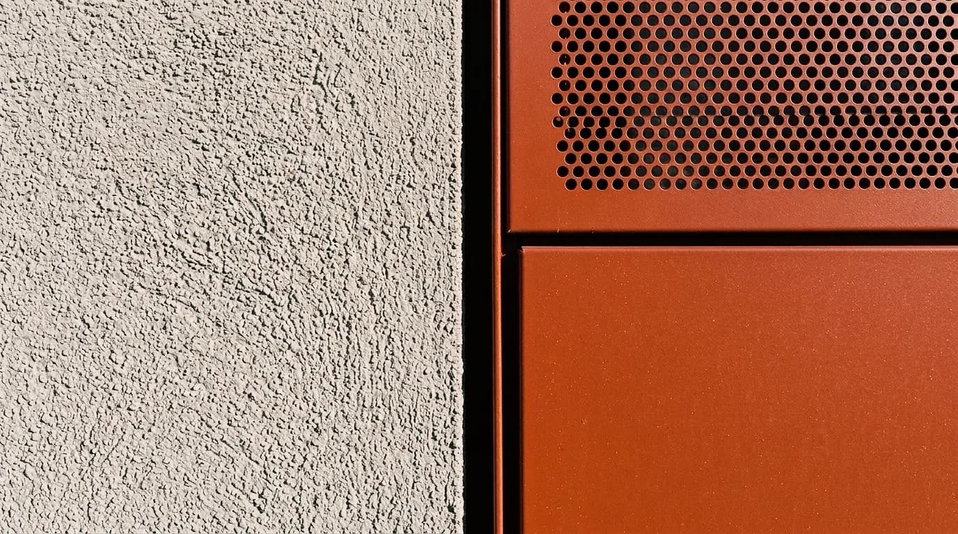 Fassadendetail mit grobem Spritzputz neben rotbraunem Metall – auch als feiner Kratzputz.