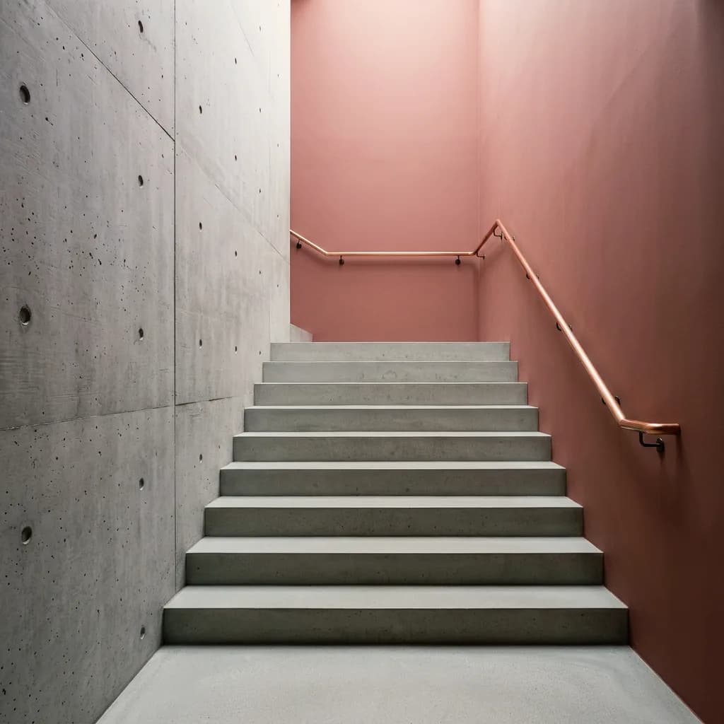 Putzbeispiel, erstellt mit Vizera: Treppenhaus mit Sichtbeton und altrosa Anstrich – auch in mineralischem Salbei und als Kalkanstrich.