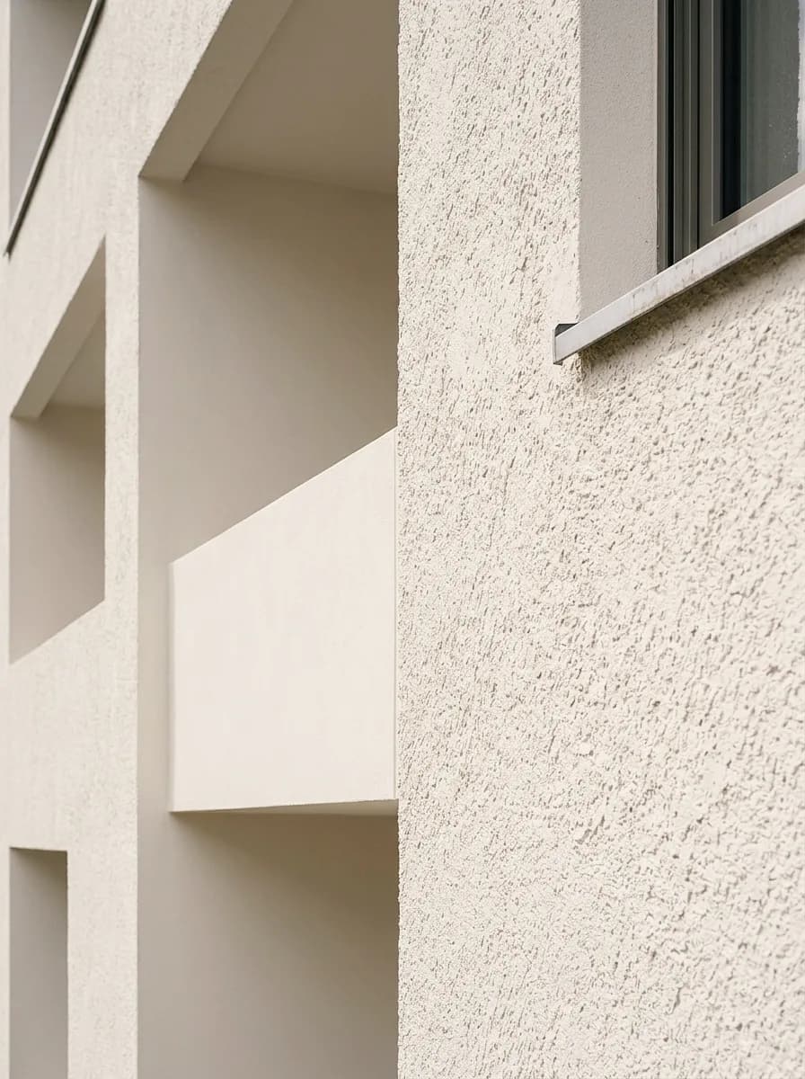 Putzbeispiel, erstellt mit Vizera: Detail: Kratzputz gegen Glattputz an Rücksprüngen – auch in hellem Taupe und als Rillenputz.