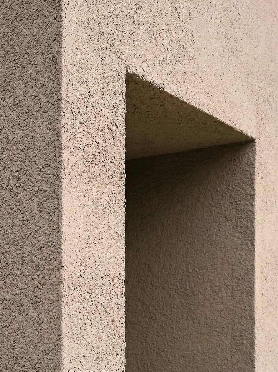 Putzbeispiel, erstellt mit Vizera: Detail: Innenecke in grobem Reibeputz – in hellem Lehmton und mit Besenstrich.