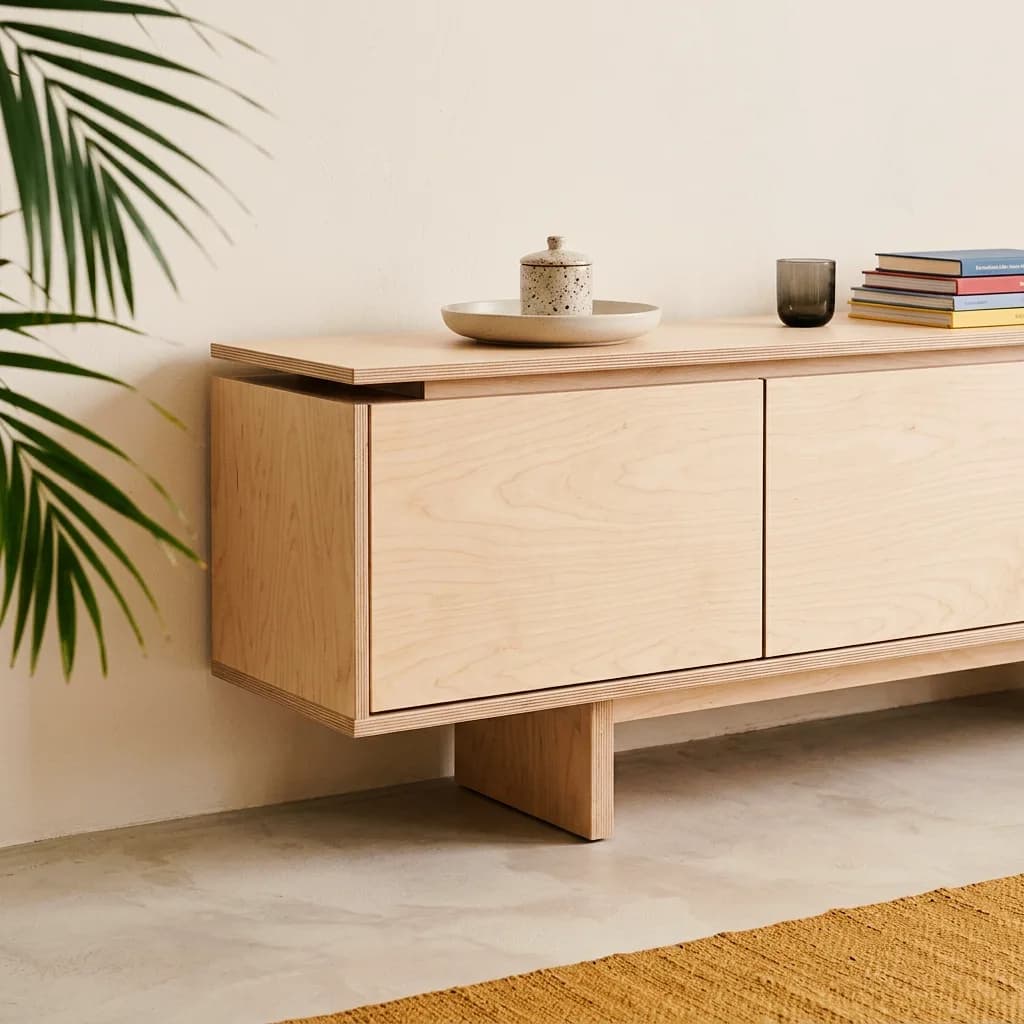 Exempel da mobiglia, creà cun Vizera: sideboard da lain compensà da badugn sin in pe da platta – er laccà alv cun platta da ruver e davant stuc d'arschiglia.