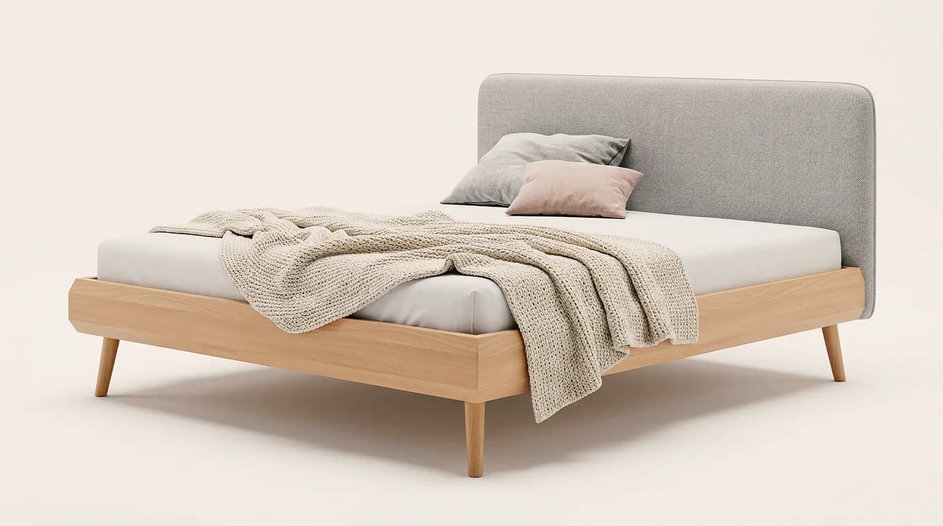 Möbelbeispiel, erstellt mit Vizera: Buchenbett mit grauem Polsterkopfteil, freigestellt – auch in Nussbaum mit Taubenblau und in einem Schlafzimmer mit Lehmputz.