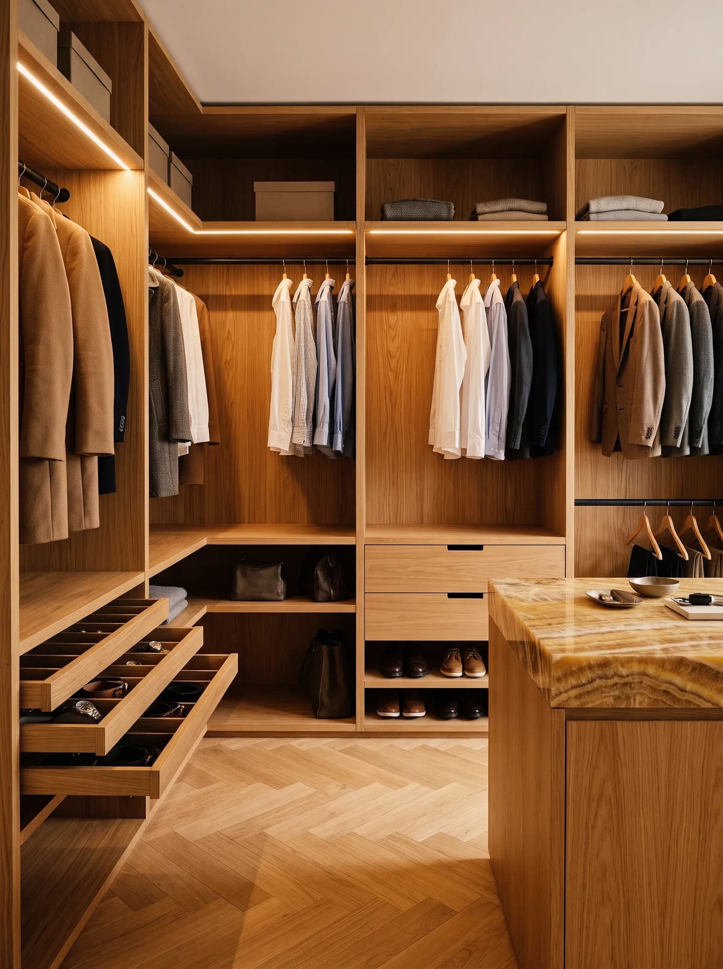 Schreinerbeispiel, erstellt mit Vizera: Begehbarer Kleiderschrank in Eiche mit Lichtbändern und Insel – auch in Räuchereiche und am Abend.