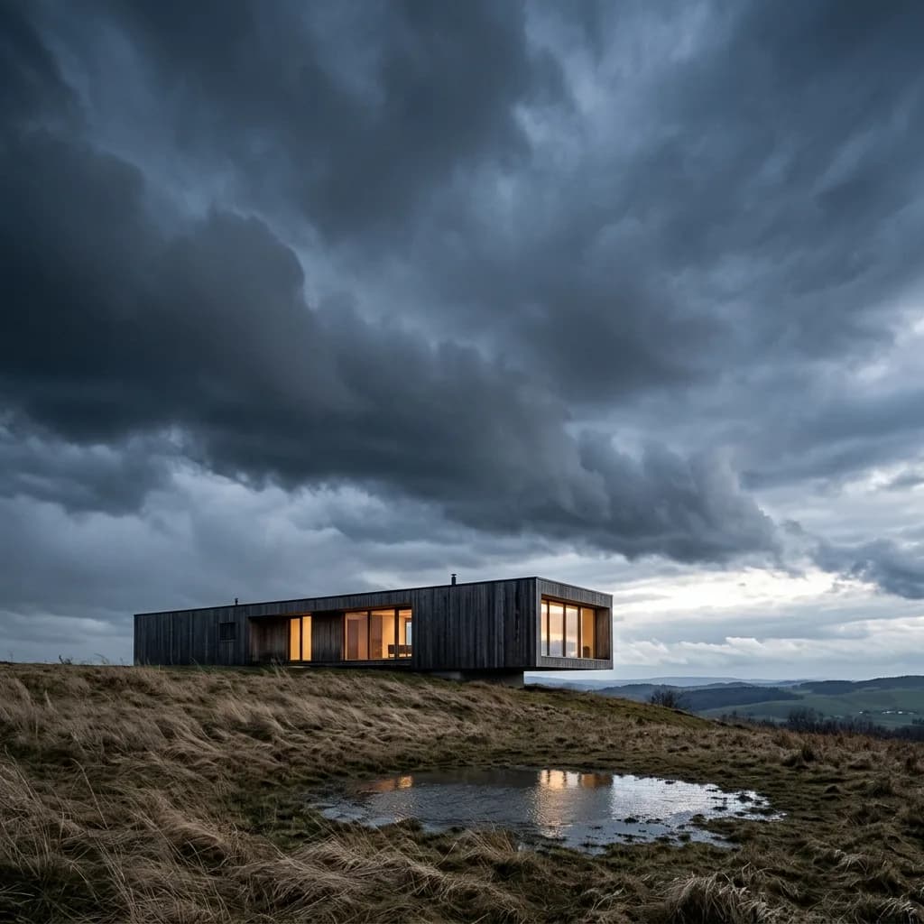 Langer Flachbau auf einer Hochebene unter Gewitterwolken, davor eine Wasserlache – im Herbst, am verschneiten Wintermorgen, mit Kalkstein und Eiche und als Weissmodell.