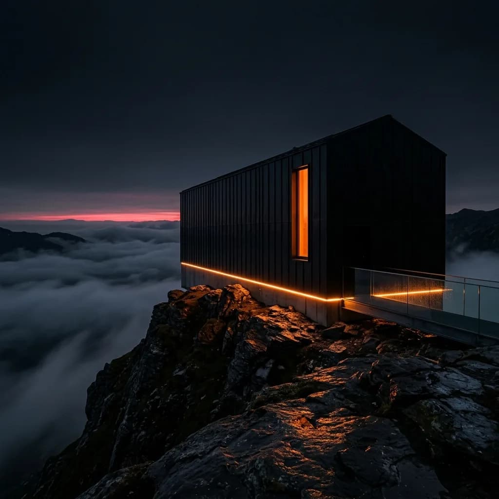 Schwarzes Haus mit Satteldach auf einem Felsvorsprung über dem Nebelmeer, mit oranger Lichtlinie – in der Dämmerung, zur blauen Stunde im Winter, im Nebel, mit Kupferfassade und als Weissmodell.