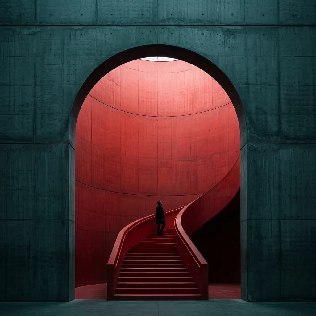 Geschwungene Treppe hinter einem Bogen, rot vor petrolgrünen Wänden, mit einer Figur – im Original, in Terrakotta und Indigo und als Weissmodell.