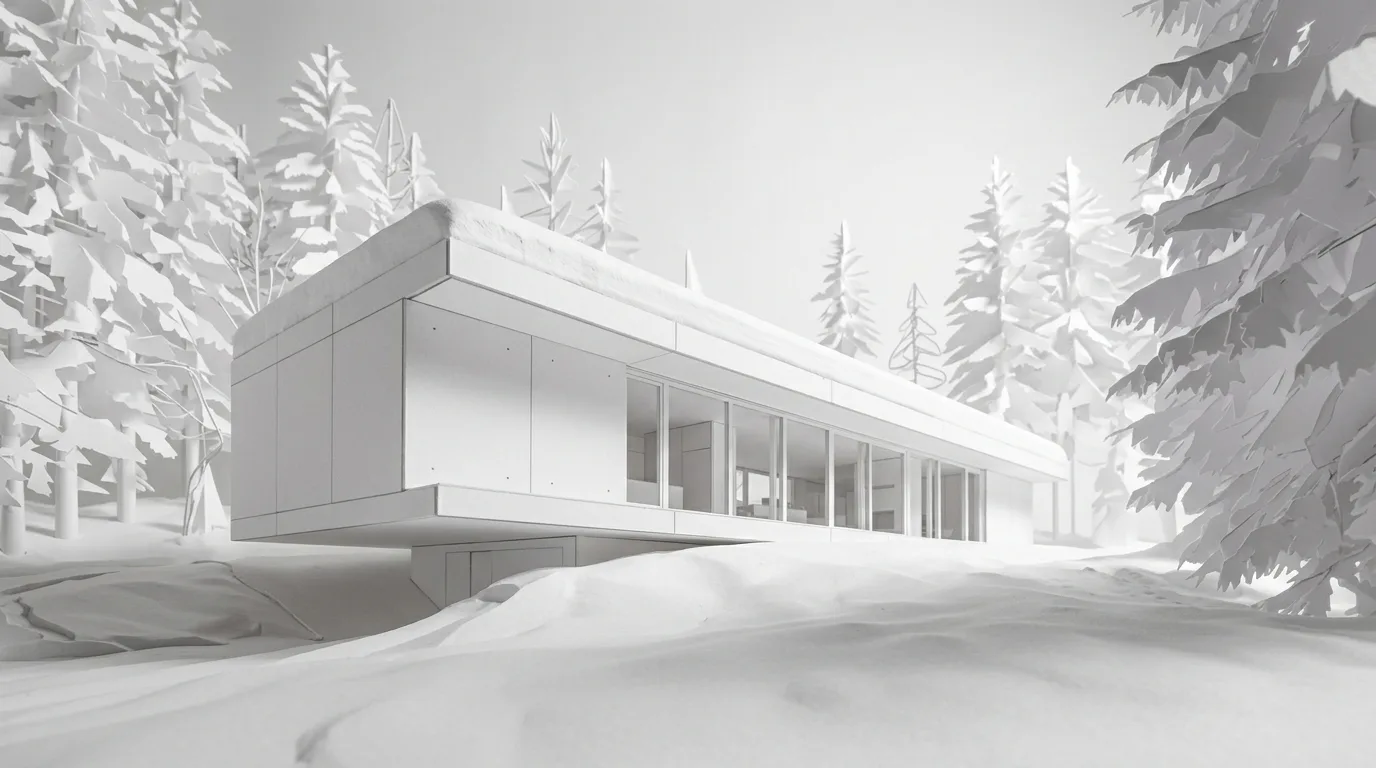 Chalet mit leuchtender Glasfront im verschneiten Fichtenwald bei Nacht – mit dunkler Fassade, mit Lärche und Eiche und als Weissmodell.