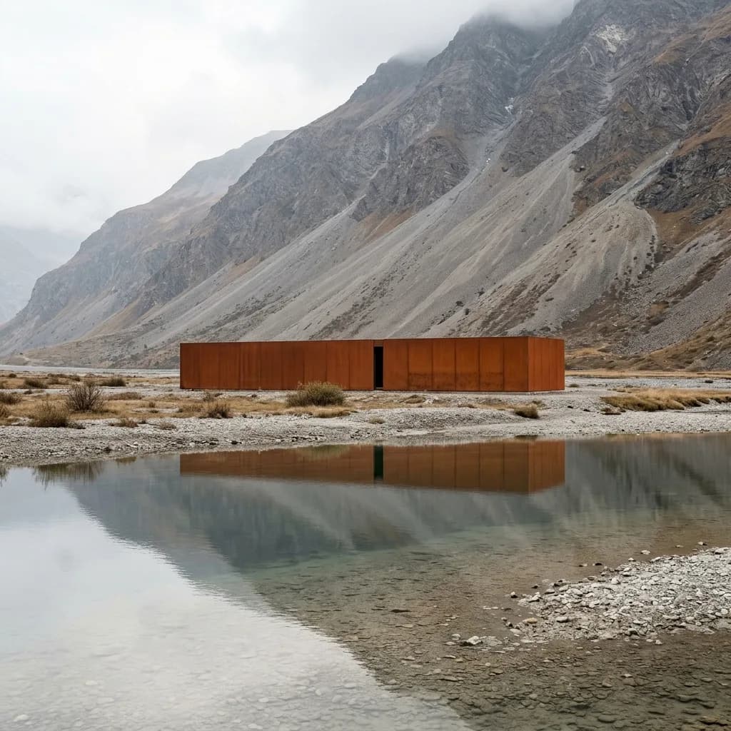 Oranger, langgestreckter Bau vor einer Felslandschaft, im Wasser gespiegelt – im Original, im Frühwinter, im Nebel, in Kobaltblau und als Weissmodell.