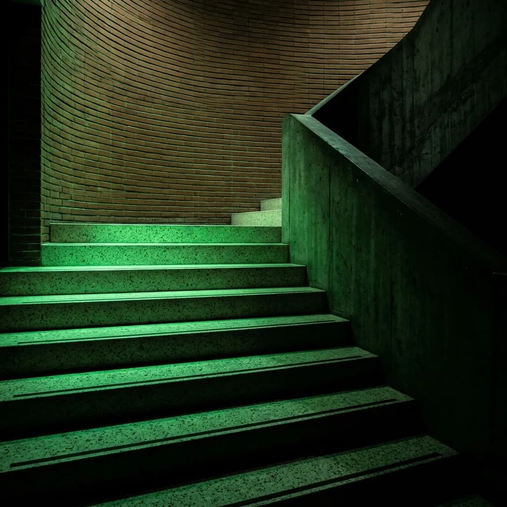Treppe im Dunkeln mit grün leuchtenden Stufen zwischen Backstein und Beton – im Original, im Wintertageslicht, mit hellem Backstein und als Weissmodell.
