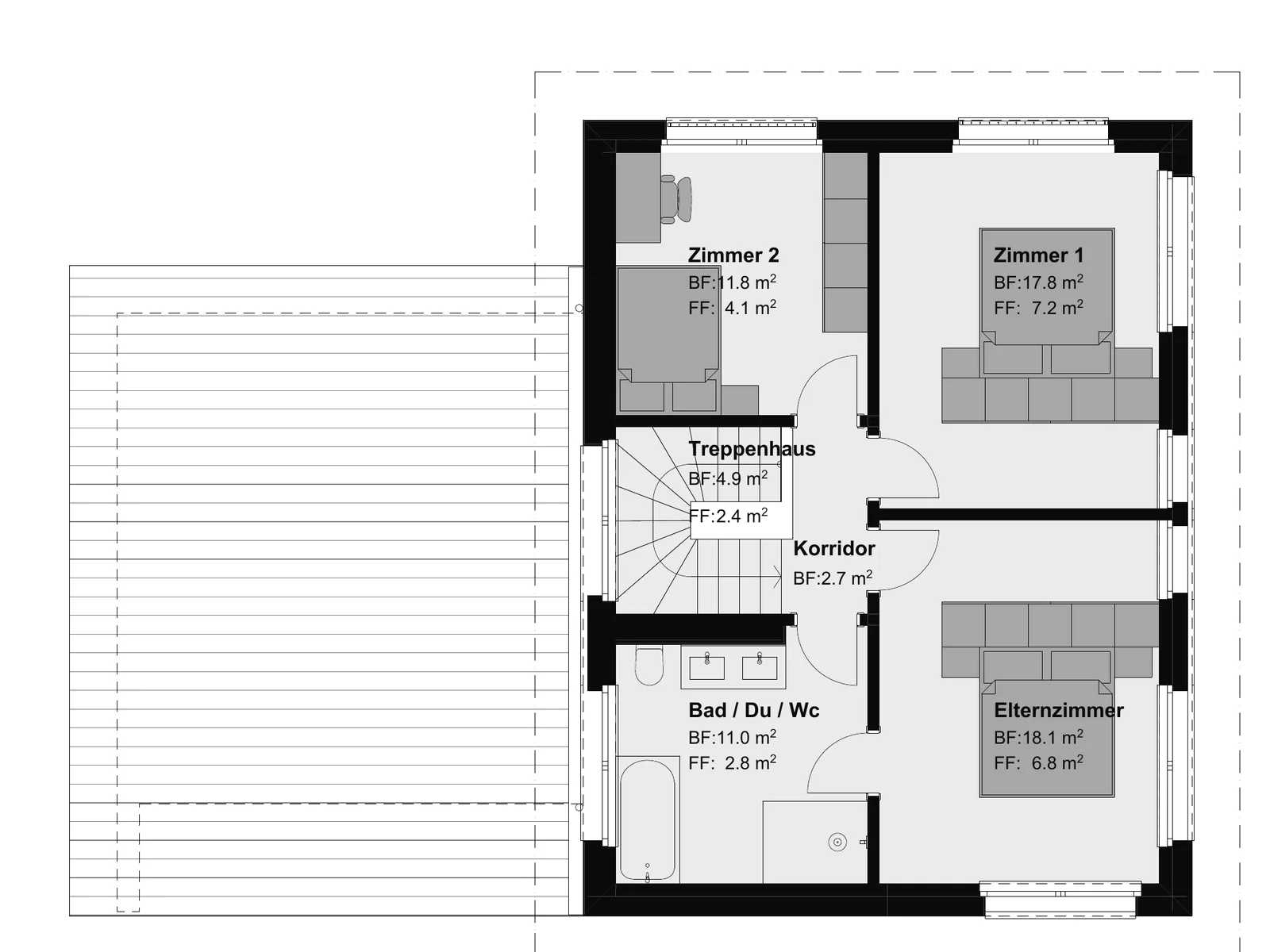 Grundriss des Obergeschosses eines Einfamilienhauses