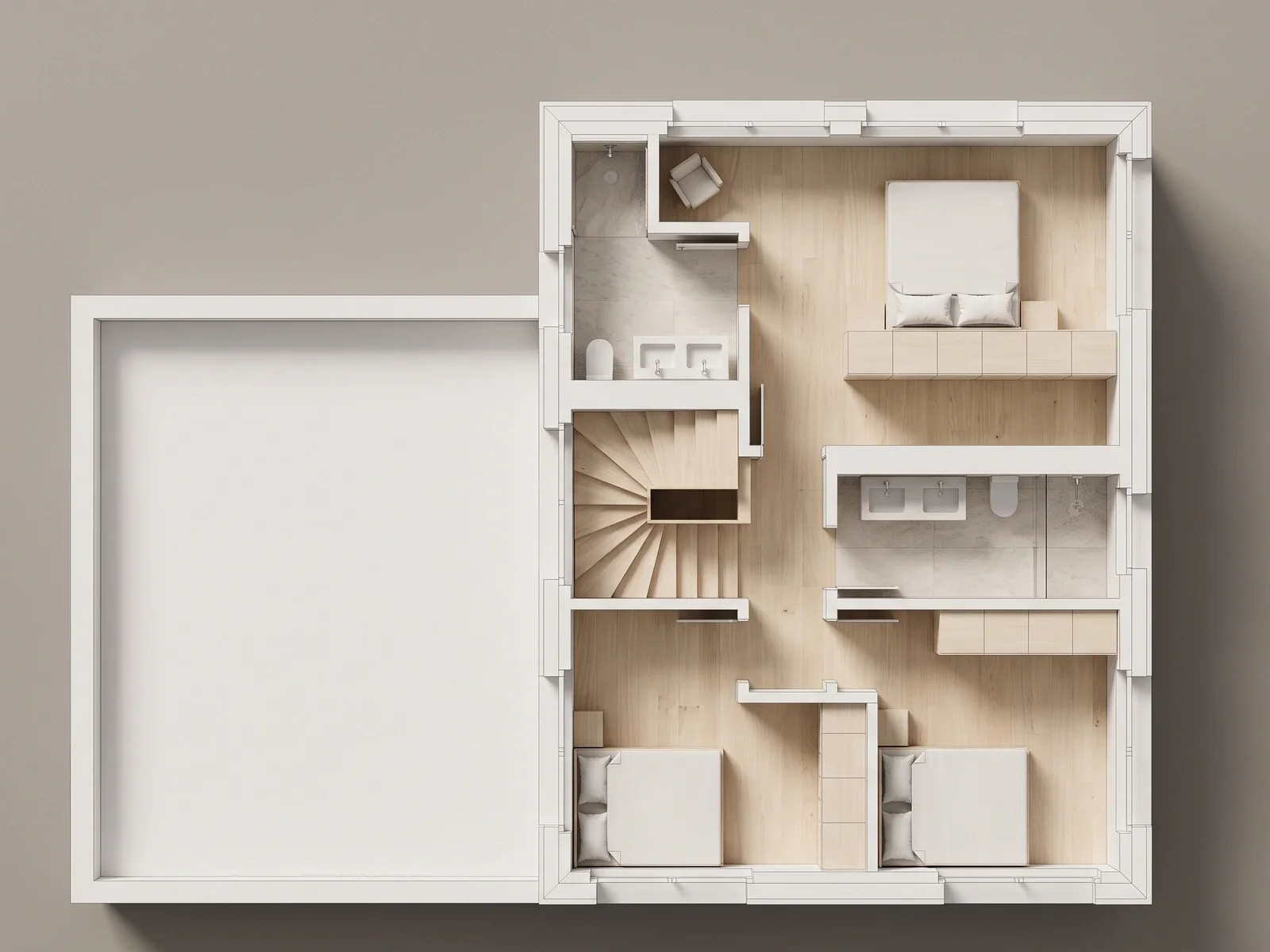 derselbe Plan als Architekturmodell aus hellem Holz