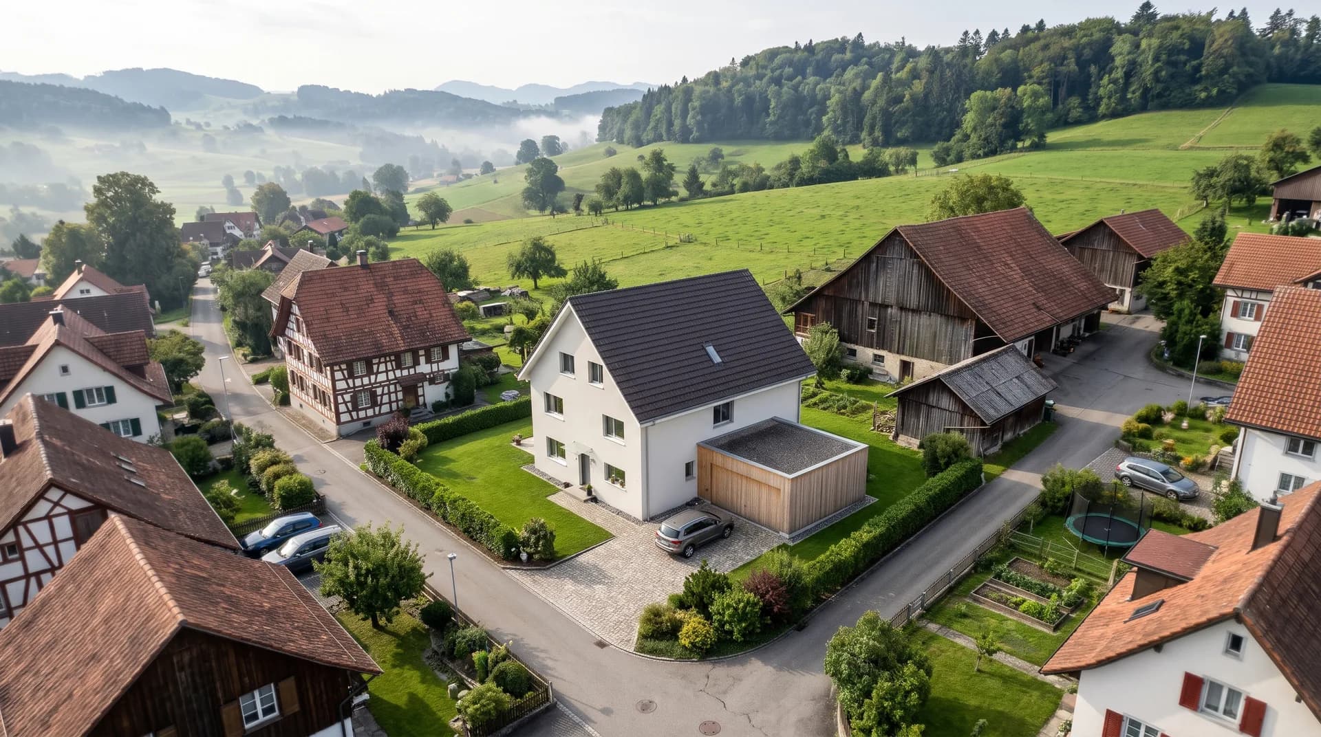 Einfamilienhaus zwischen Bauernhäusern im Zürcher Oberland – mit weissem Putz und Ziegeldach, dann mit grauem Putz und Blechdach.