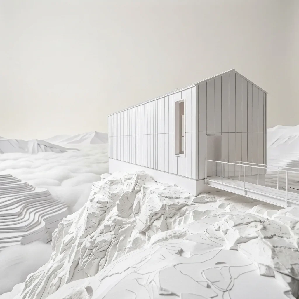 Ansicht eines weissen 3D-Modells, kleines Haus auf einer Felskante