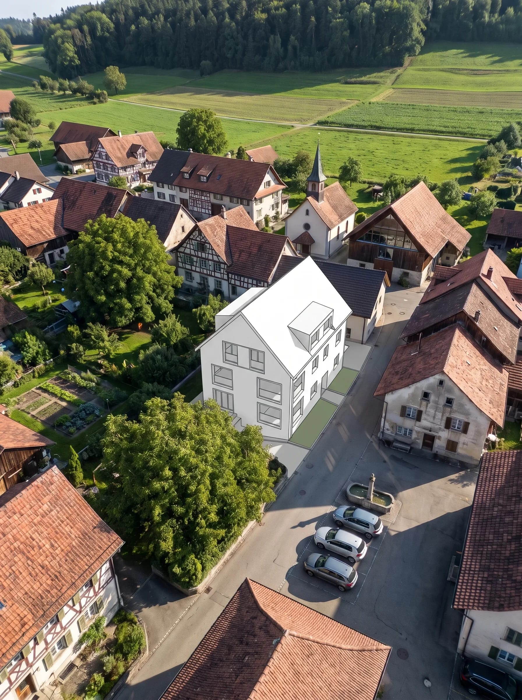 Luftbild eines Dorfs mit dem geplanten Haus als weisses Volumen