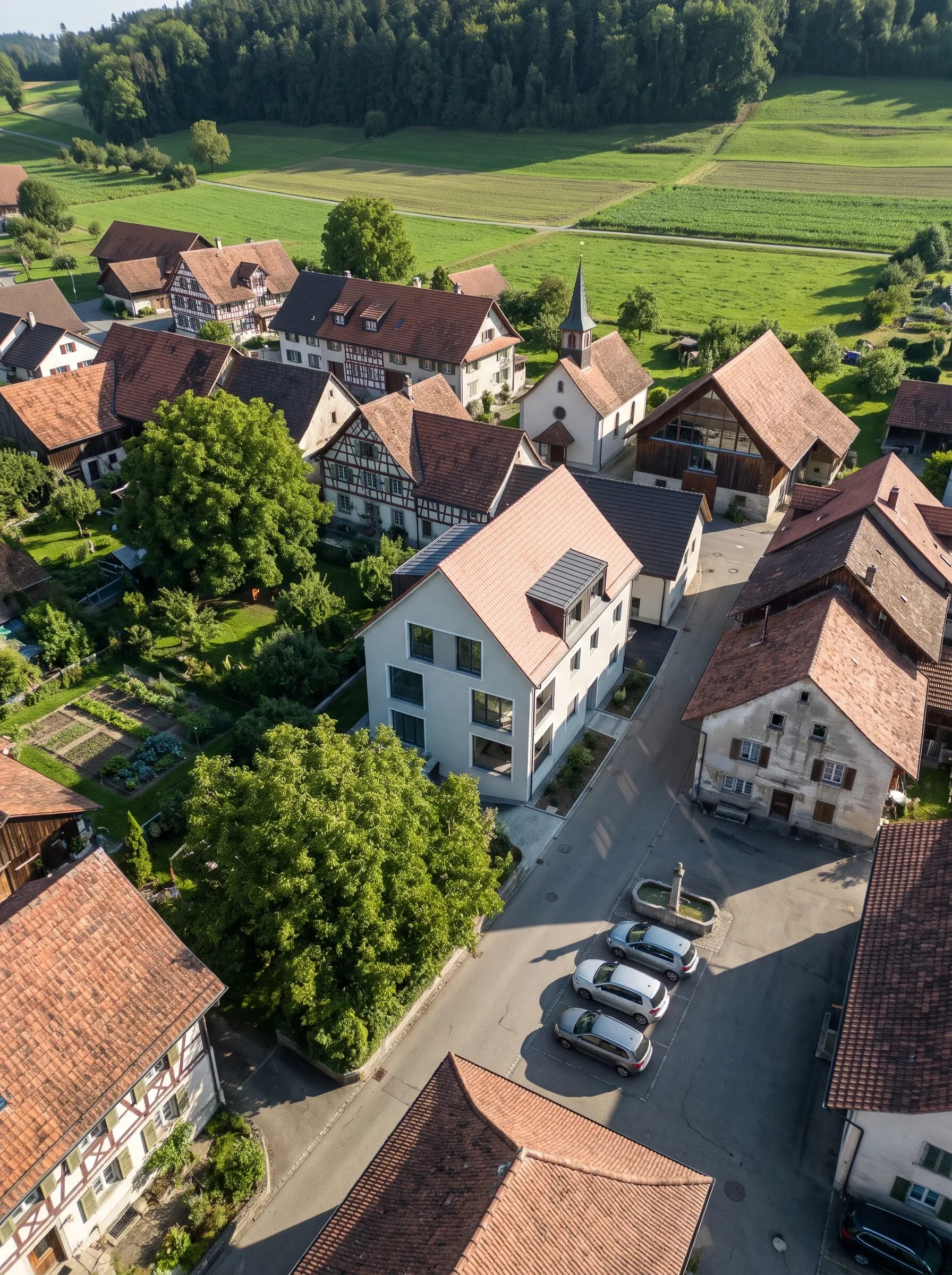 Wohnhaus mit hellem Putz und Ziegeldach im Dorf