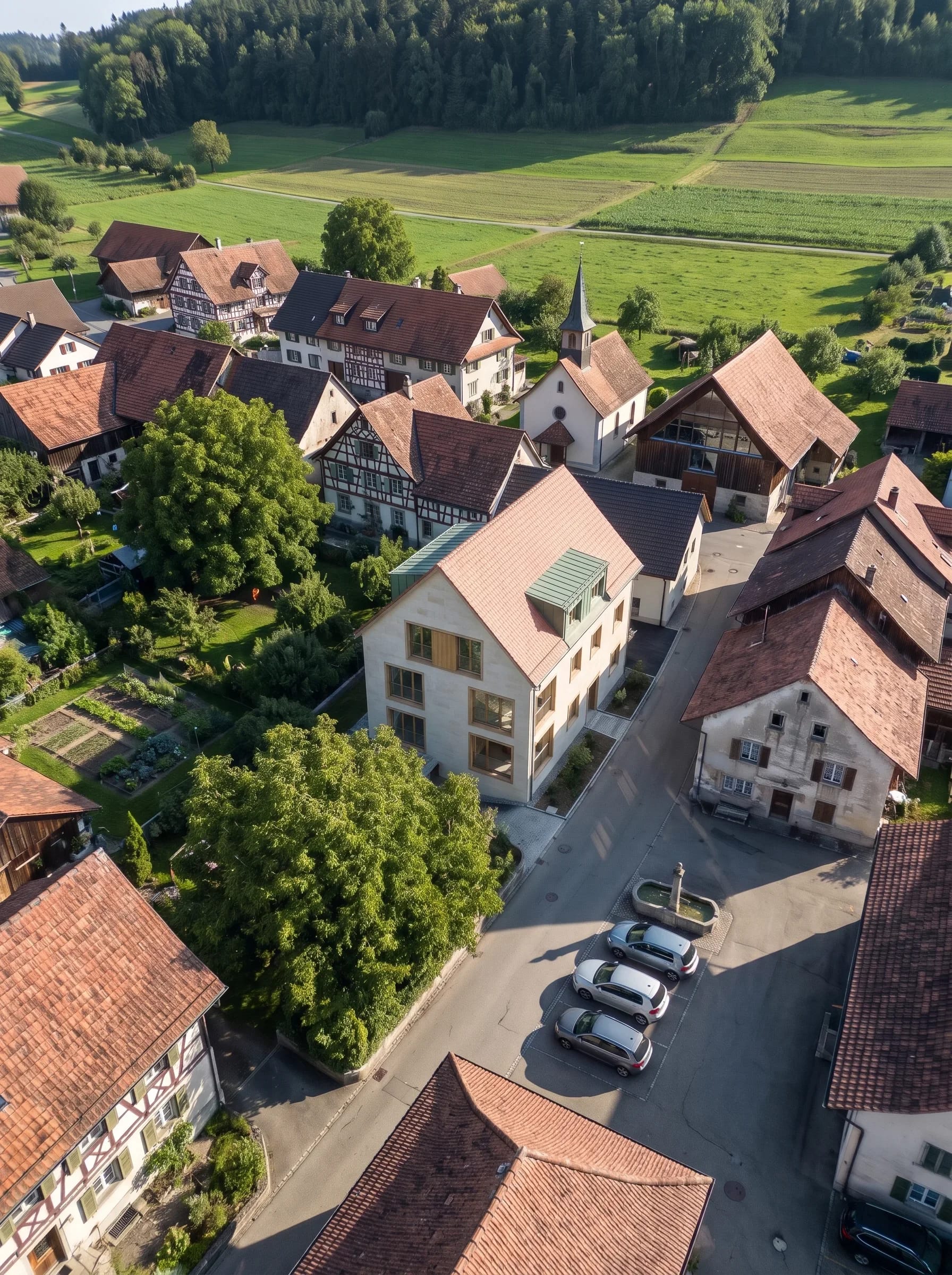 dasselbe Haus mit Fassade aus hellem Naturstein und Holzfenstern