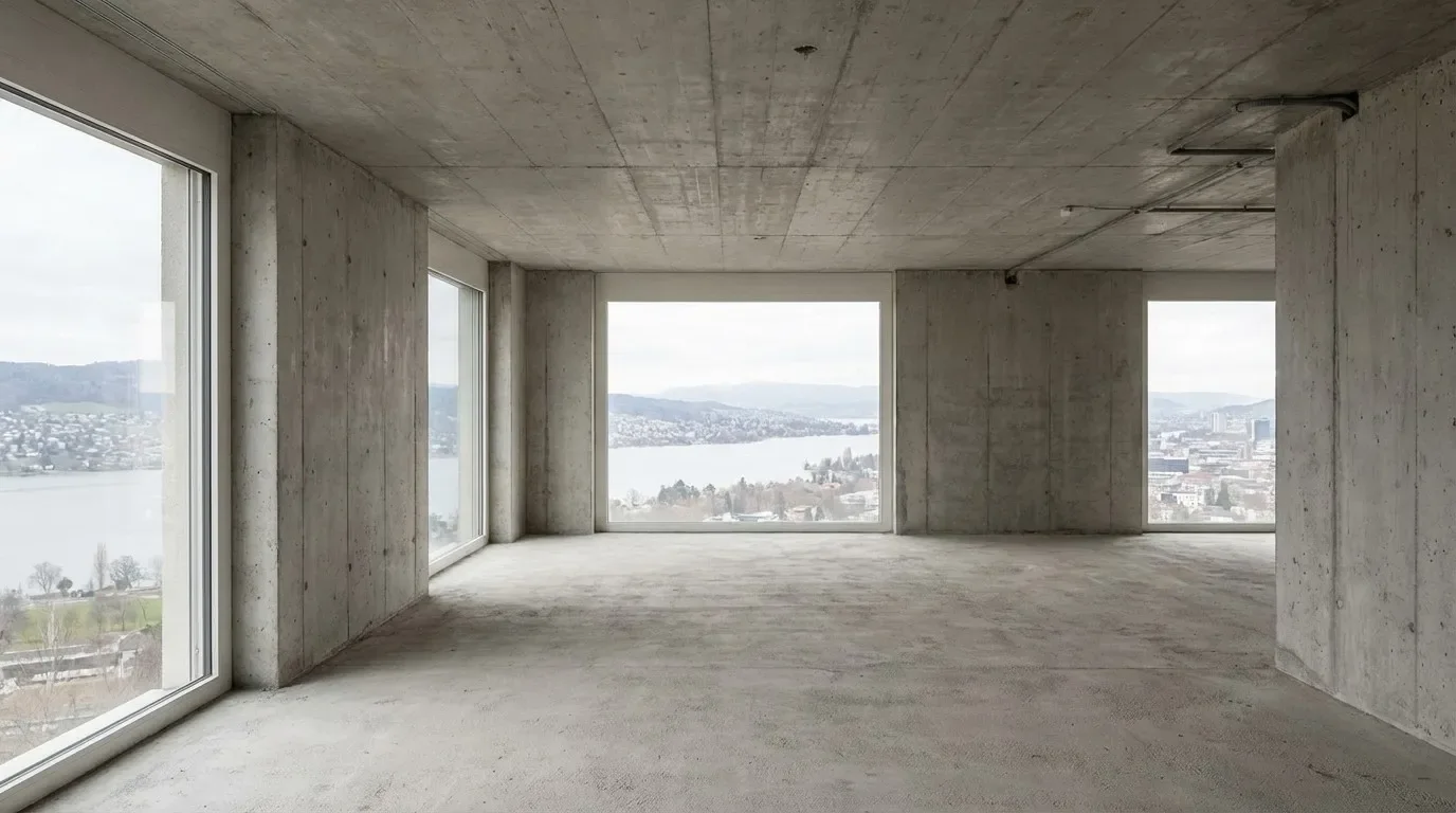 Foto eines Rohbaus mit Betonwänden und Blick auf den See