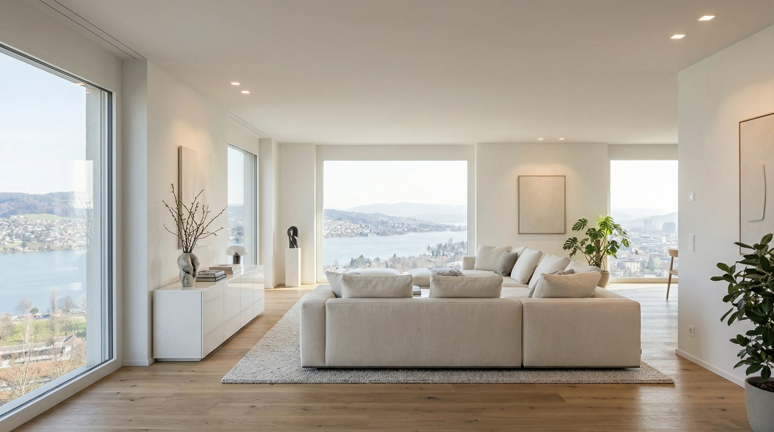 heller Ausbau mit weissen Wänden, Eichenboden und hellem Sofa