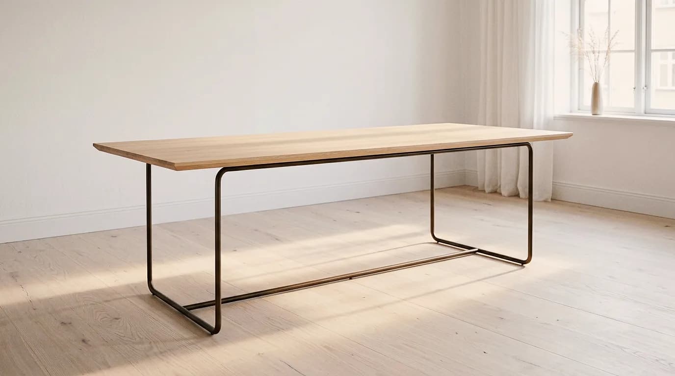 Esstisch aus Eiche mit Stahlrohrgestell – im leeren Raum, im eingerichteten Esszimmer und in Nussbaum mit Schwarzstahl.