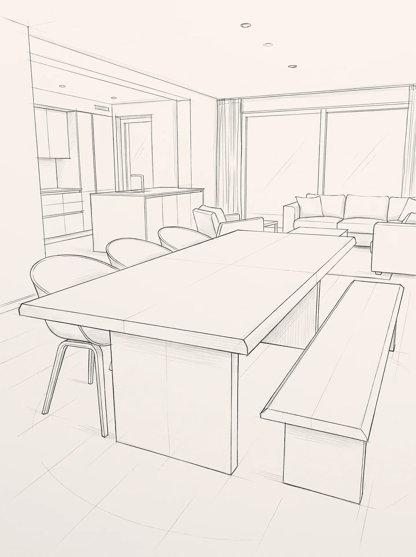 Essbereich mit Holztisch und Bank – als Bleistiftskizze und als Visualisierung mit Tageslicht.