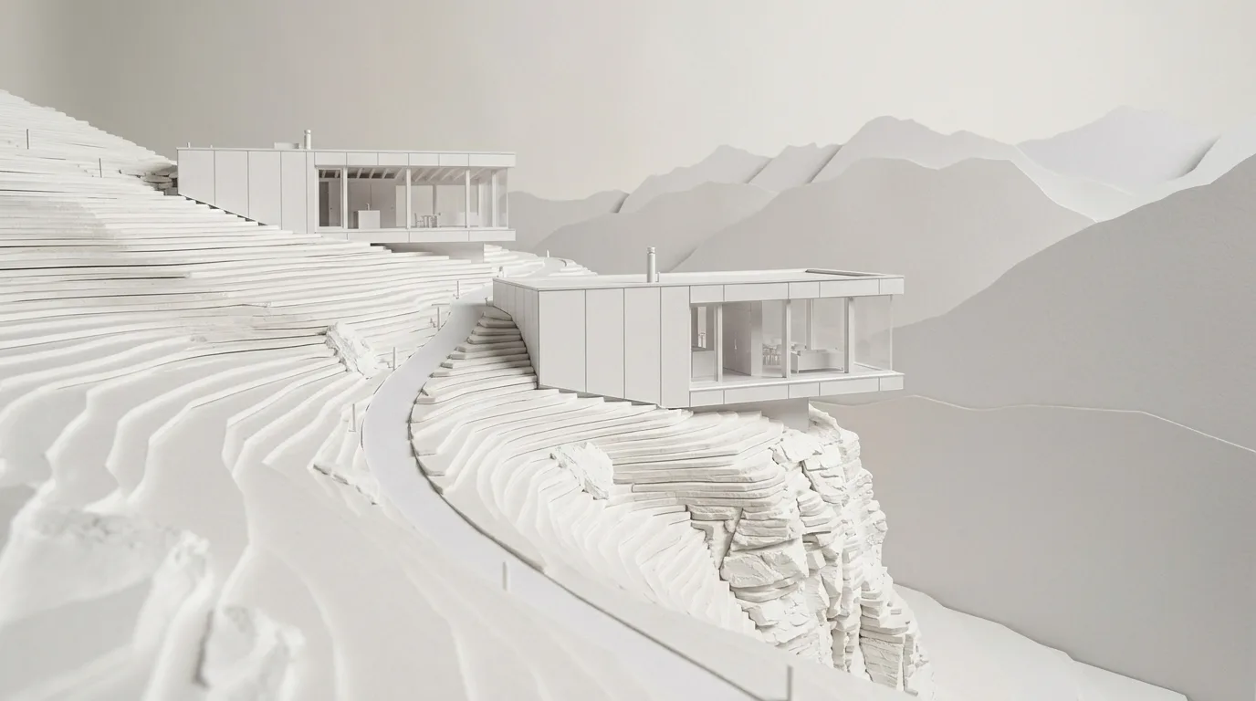 Haus am Steilhang – als Weissmodell und als Visualisierung mit Material und Licht.